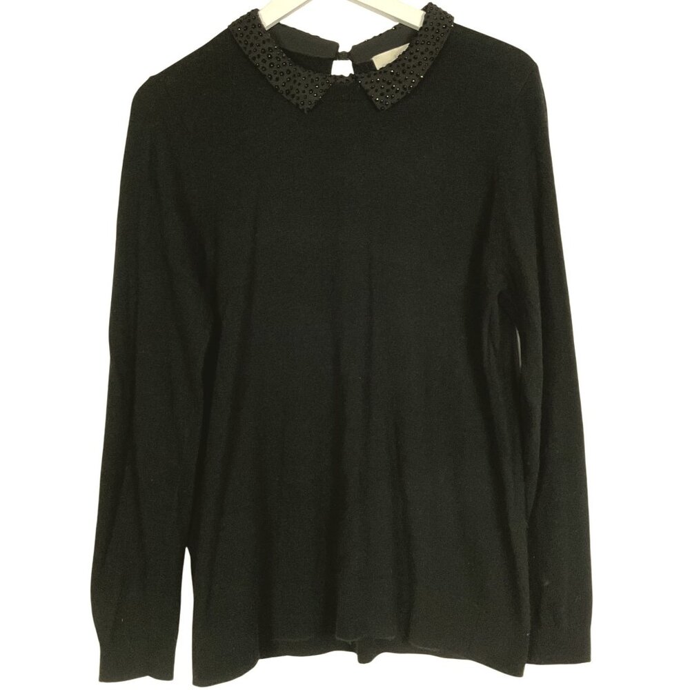 LOFT Black long sleeve sweater with Jeweled Collar, XL, Button closure in back